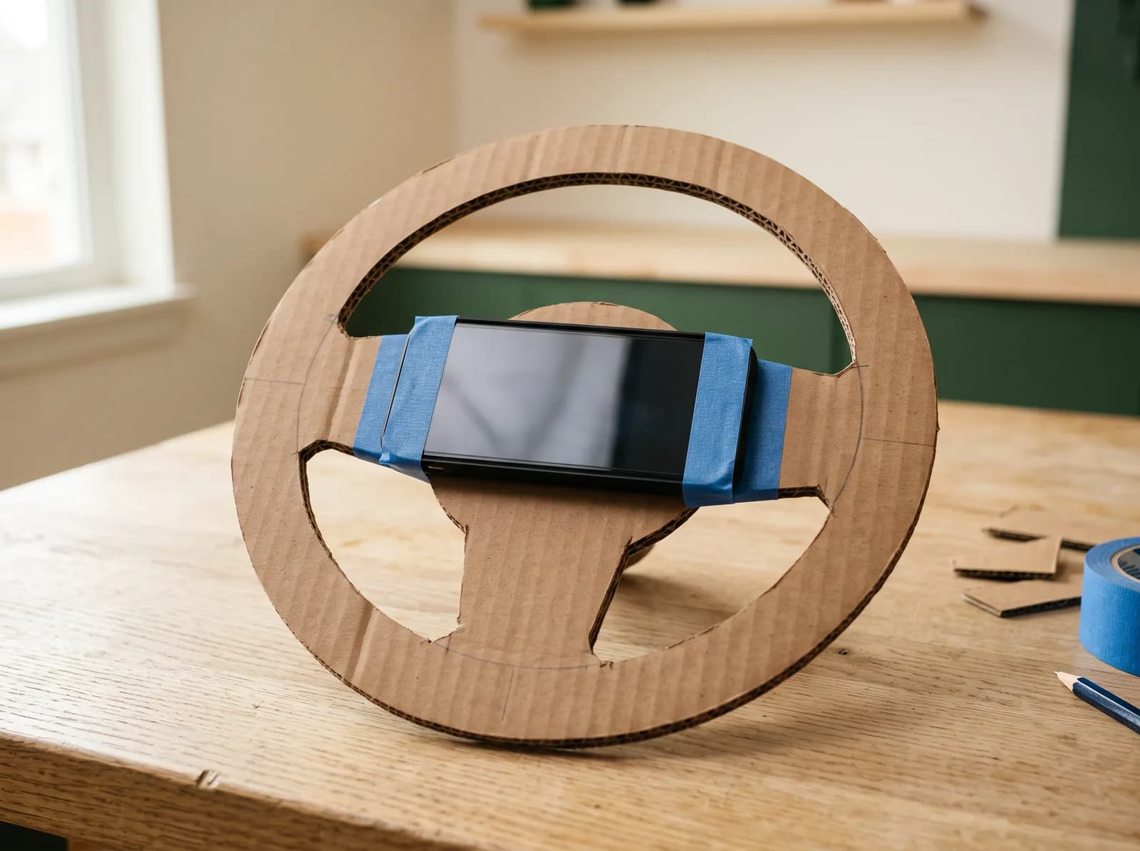 A flat, three-spoke cardboard steering wheel with a phone taped across its center