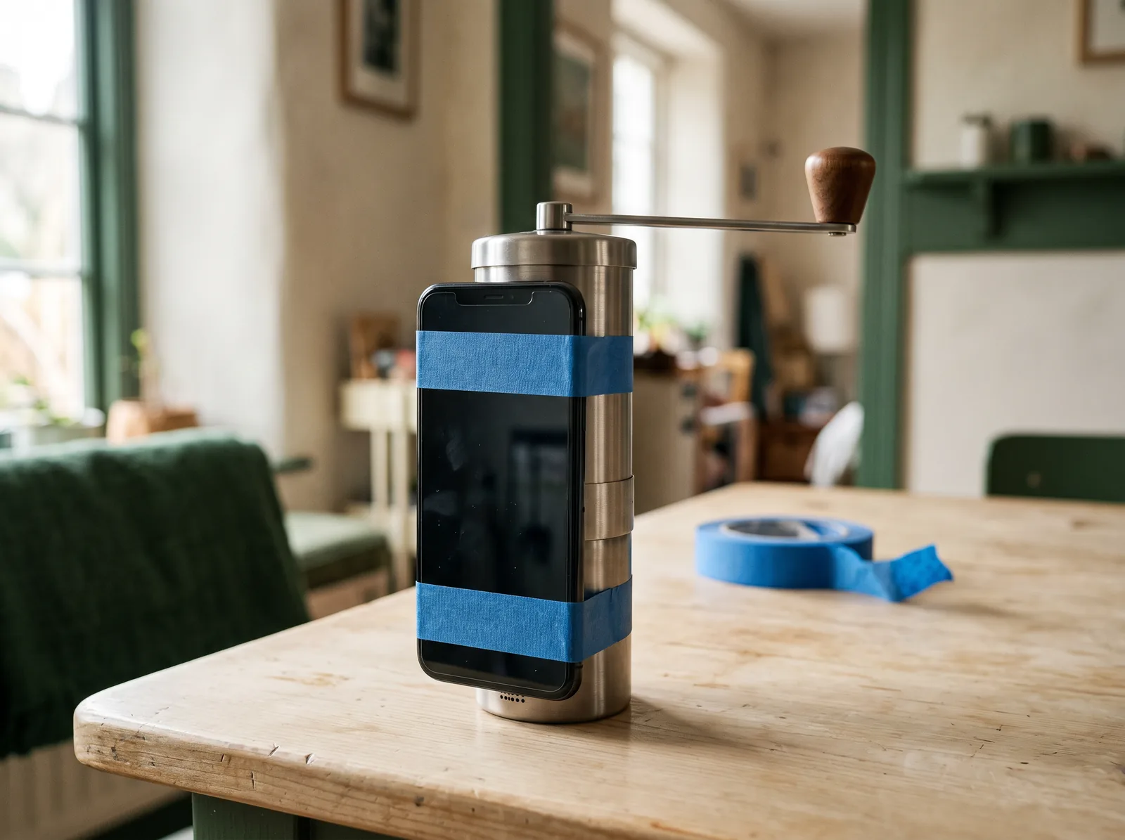 A phone taped to the stationary body of a manual coffee grinder, with its crank free to turn