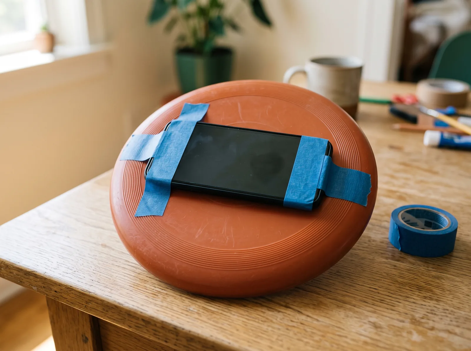 A phone taped to the center of an orange frisbee