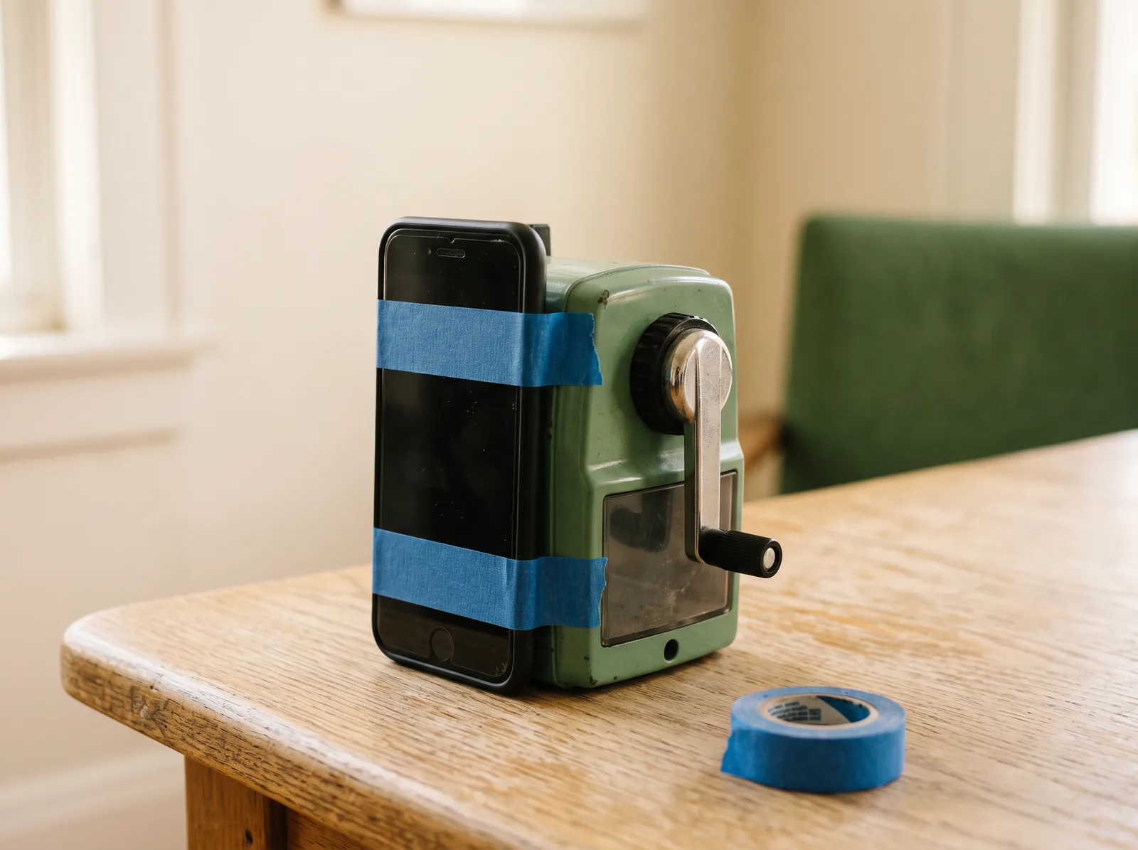 A phone taped to the side of a manual pencil sharpener with an exposed hand crank
