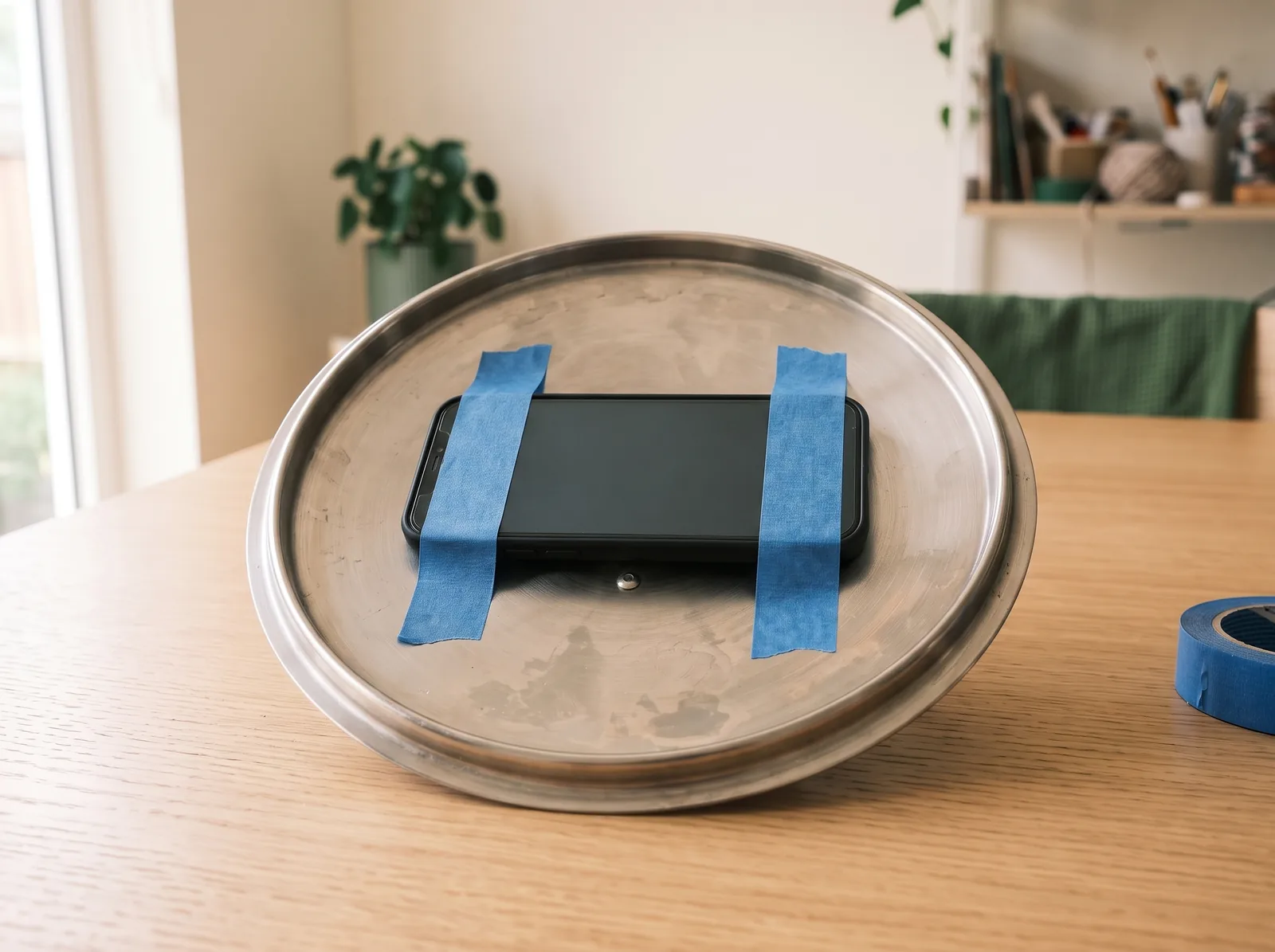 A phone taped across the smooth inside of a stainless-steel pot lid