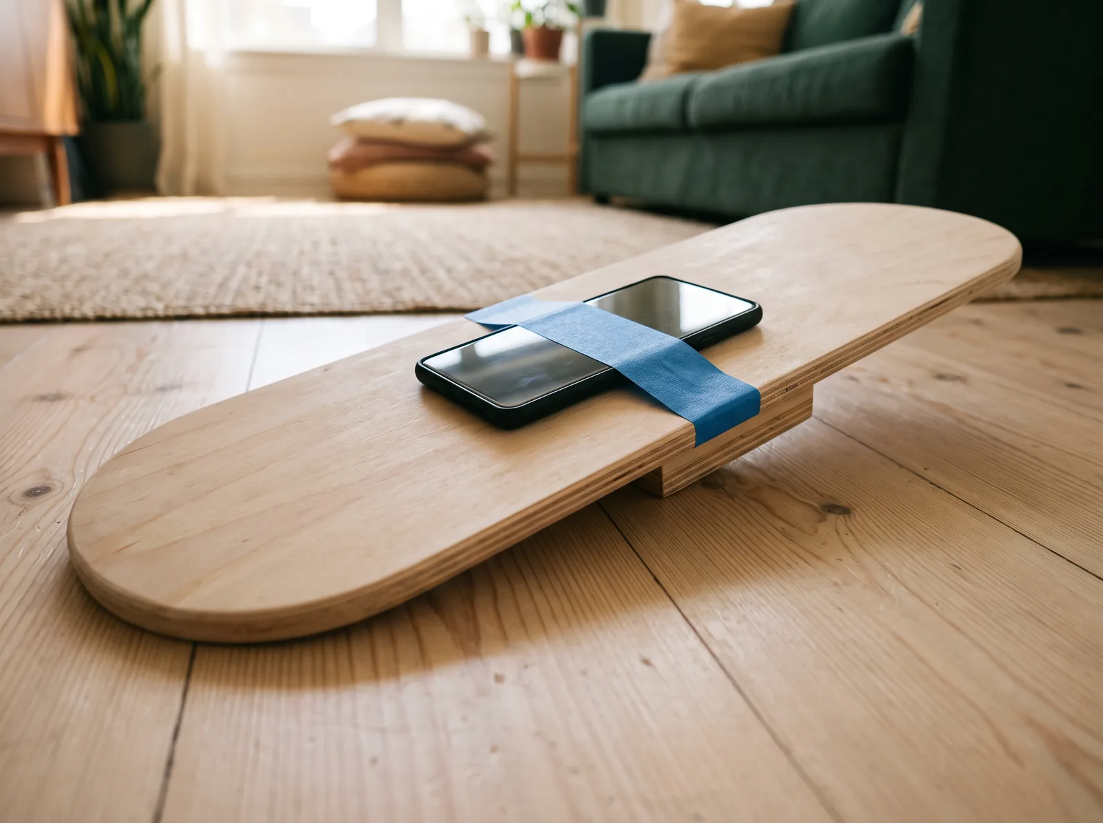 A plywood snowboard with a phone taped at its center and a much shorter wooden support underneath