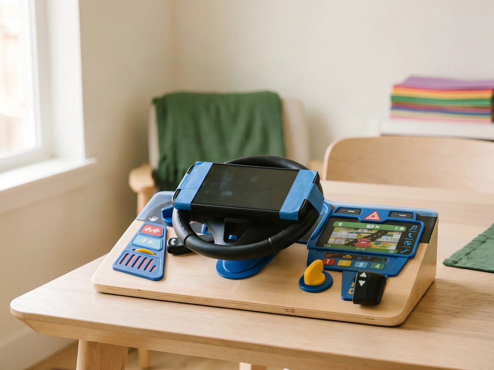 A wooden toy dashboard with a phone taped to its black steering wheel