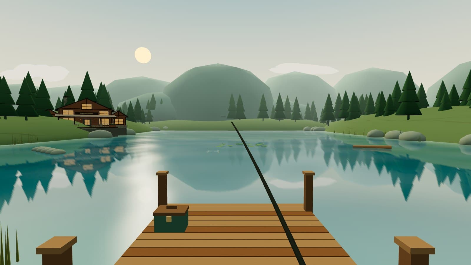 The dock, lodge, and calm water of Lake Alder in Alder Fishing